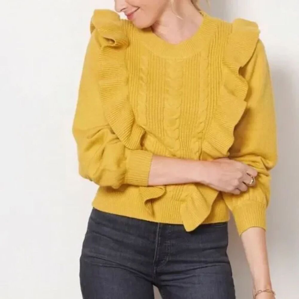 Design History Anthropologie Mustard Yellow Ruffled Cable Knit Sweater Sz L